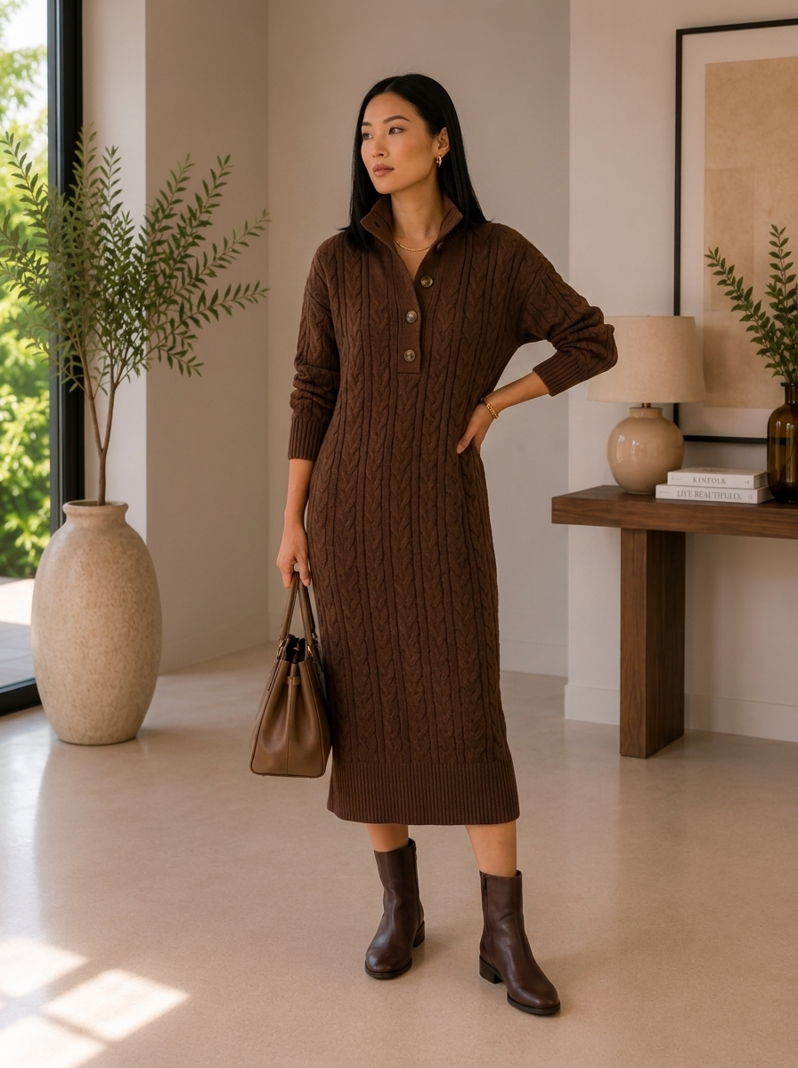 Auburn Row new in — Thea cable knit sweater dress in chocolate brown, worn full-length