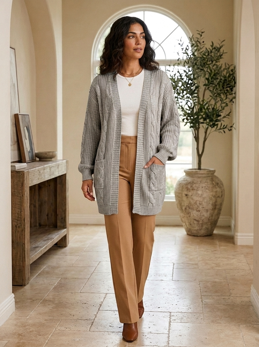 Auburn Row knitwear — Juniper chunky cable knit cardigan in grey, worn full-length