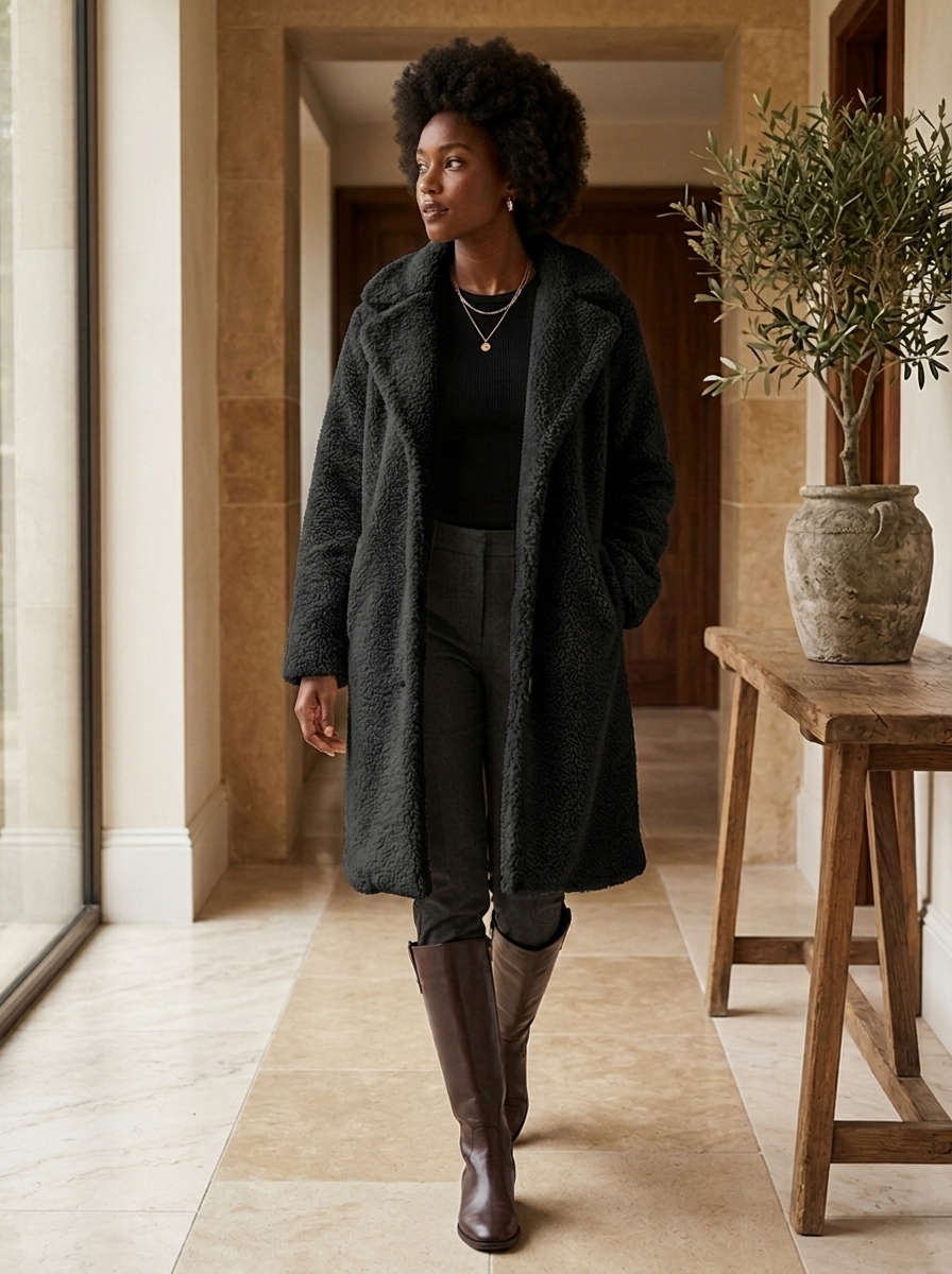 Auburn Row outerwear — Delphine longline teddy coat in black, worn full-length