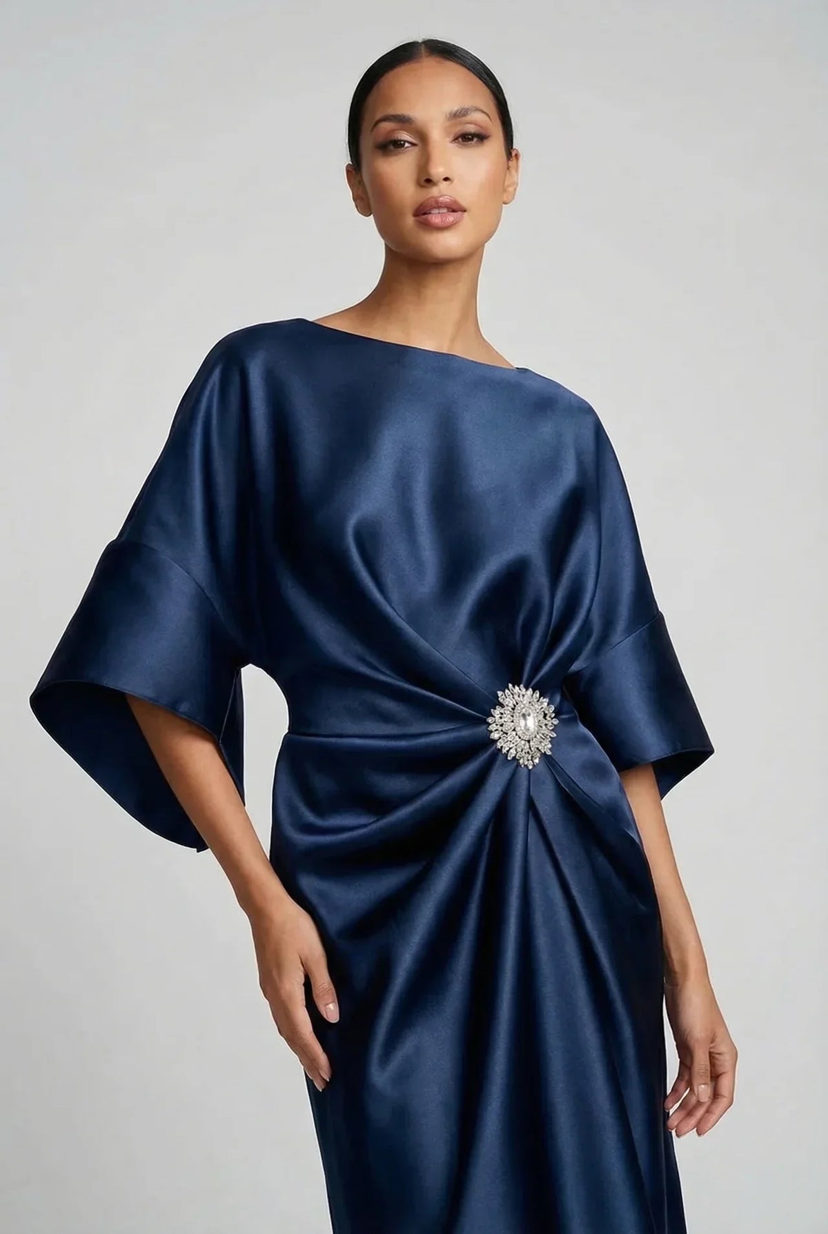 Satin Batwing Sleeve Draped Midi Dress — source view 5