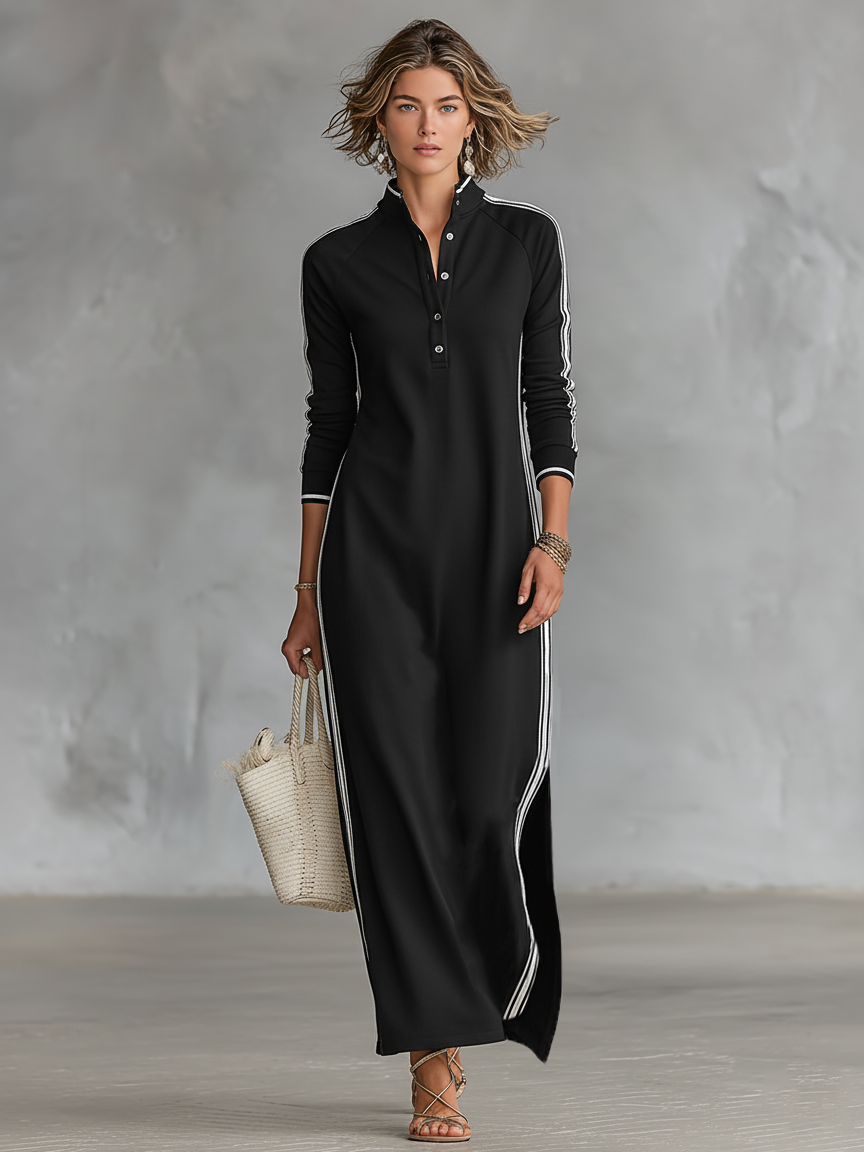 Long Sleeve Side Stripe Button Collar Maxi Dress — source view 1