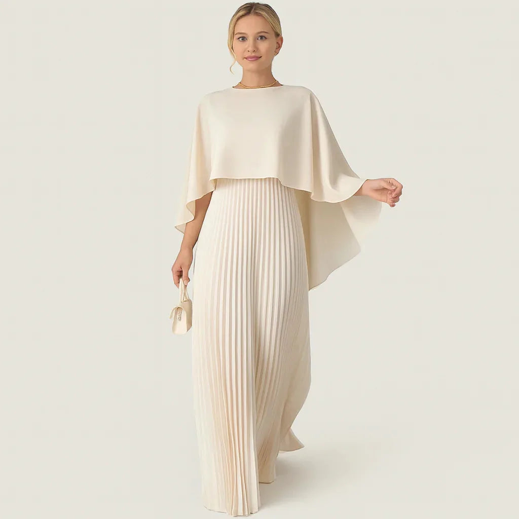 Pleated Cape Overlay Formal Maxi Dress