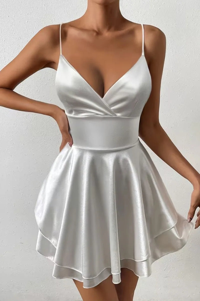 Satin Open Back V Neck Mini Dress