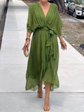 Chiffon V Neck Belted Midi Dress