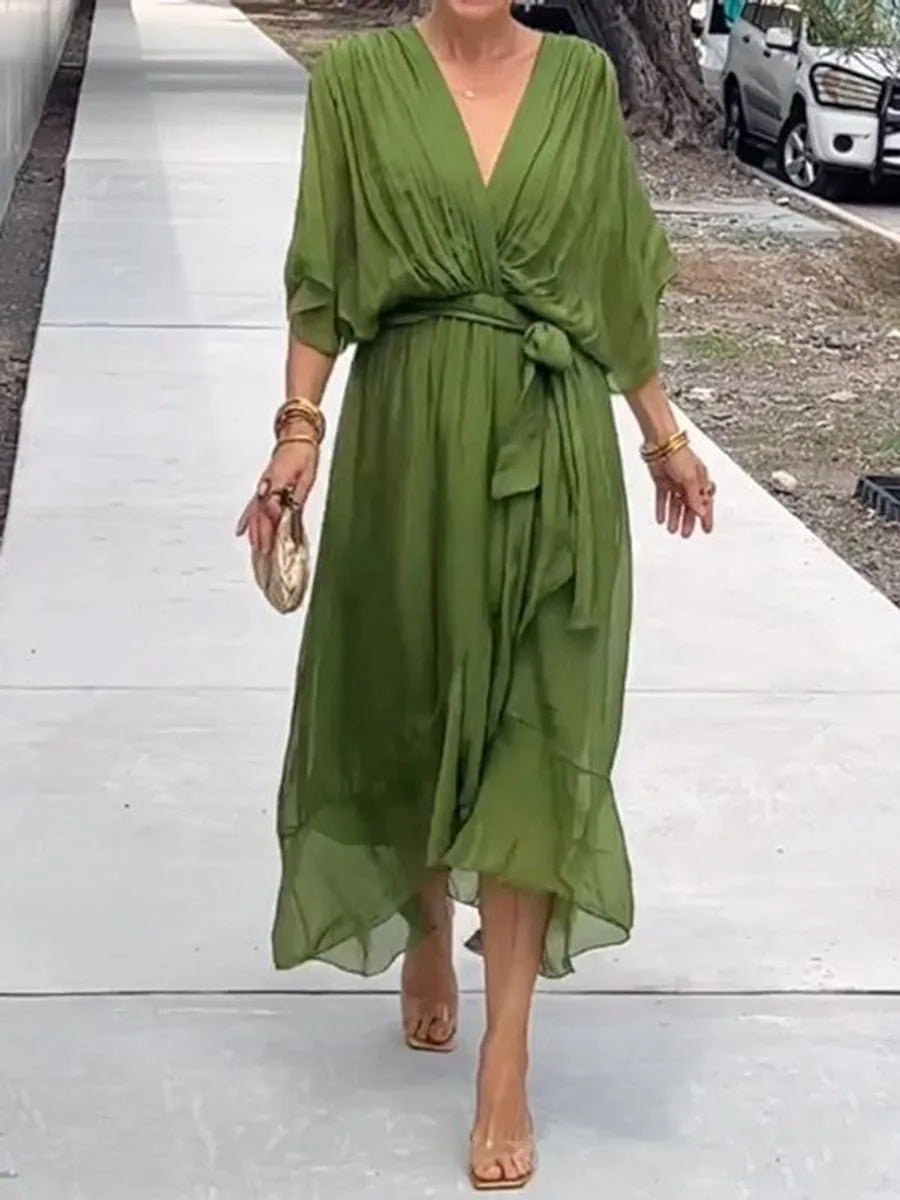 Chiffon V Neck Belted Midi Dress