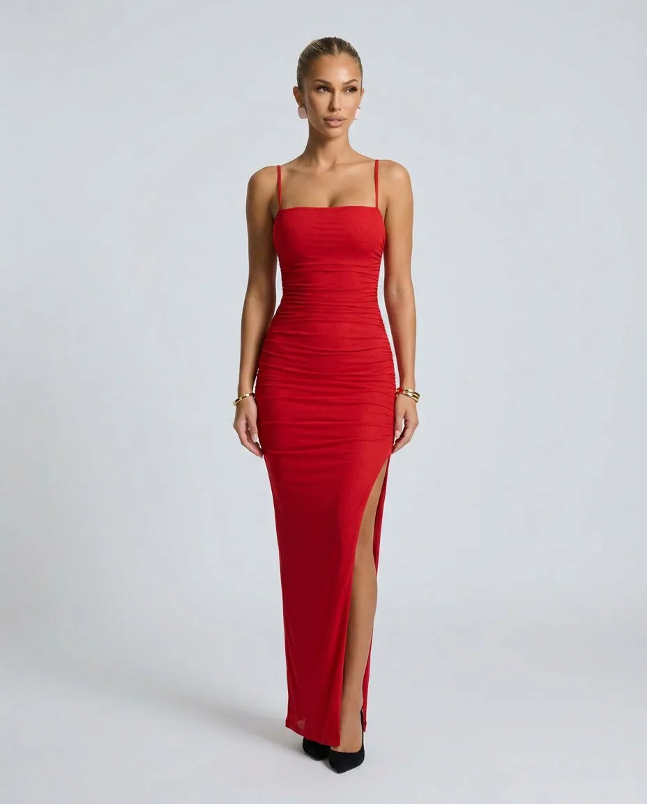 High Split Ruched Mesh Maxi Dress