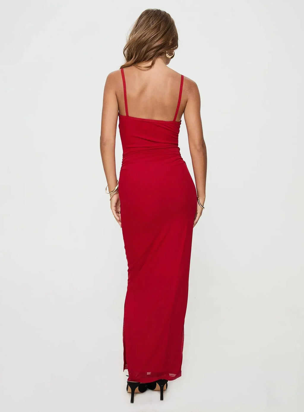 High Split Ruched Mesh Maxi Dress