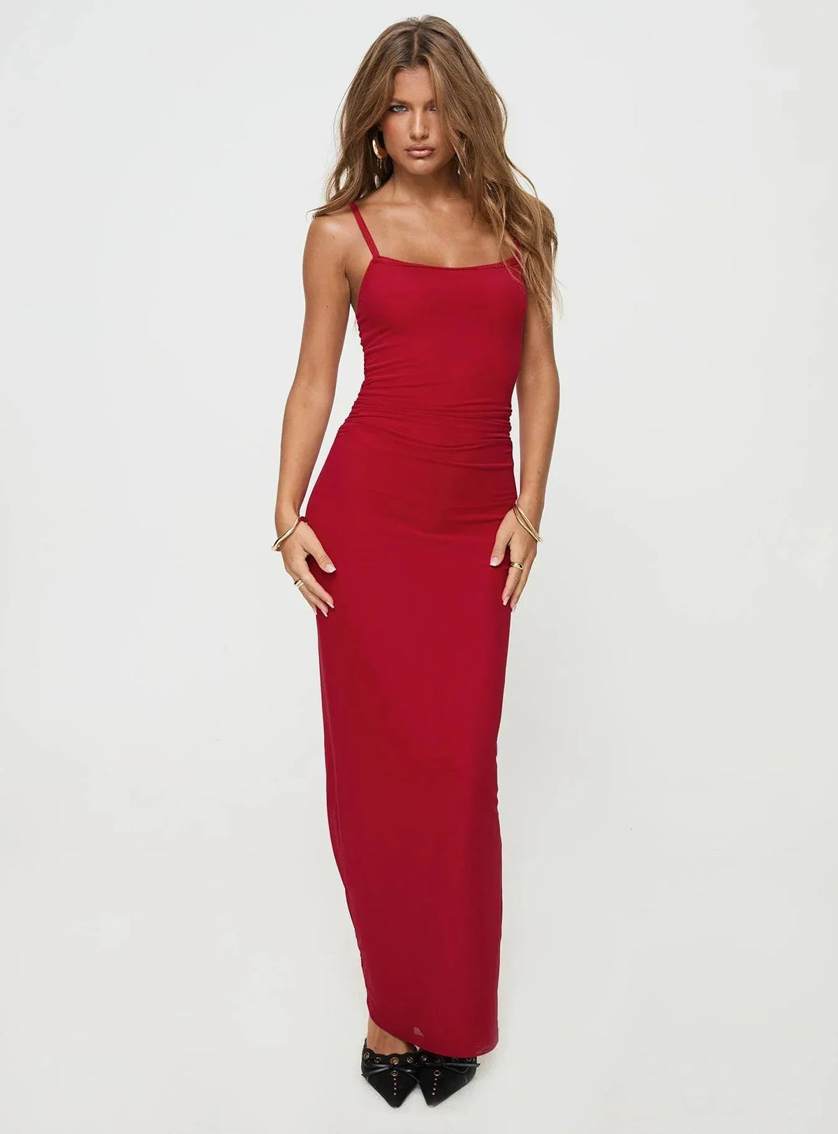 High Split Ruched Mesh Maxi Dress