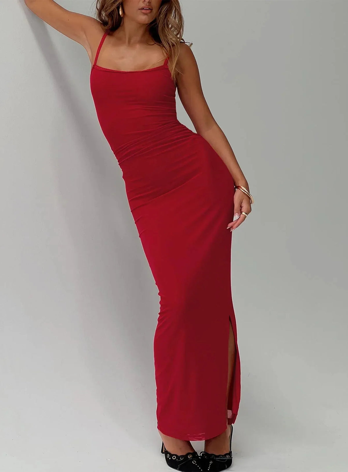 High Split Ruched Mesh Maxi Dress