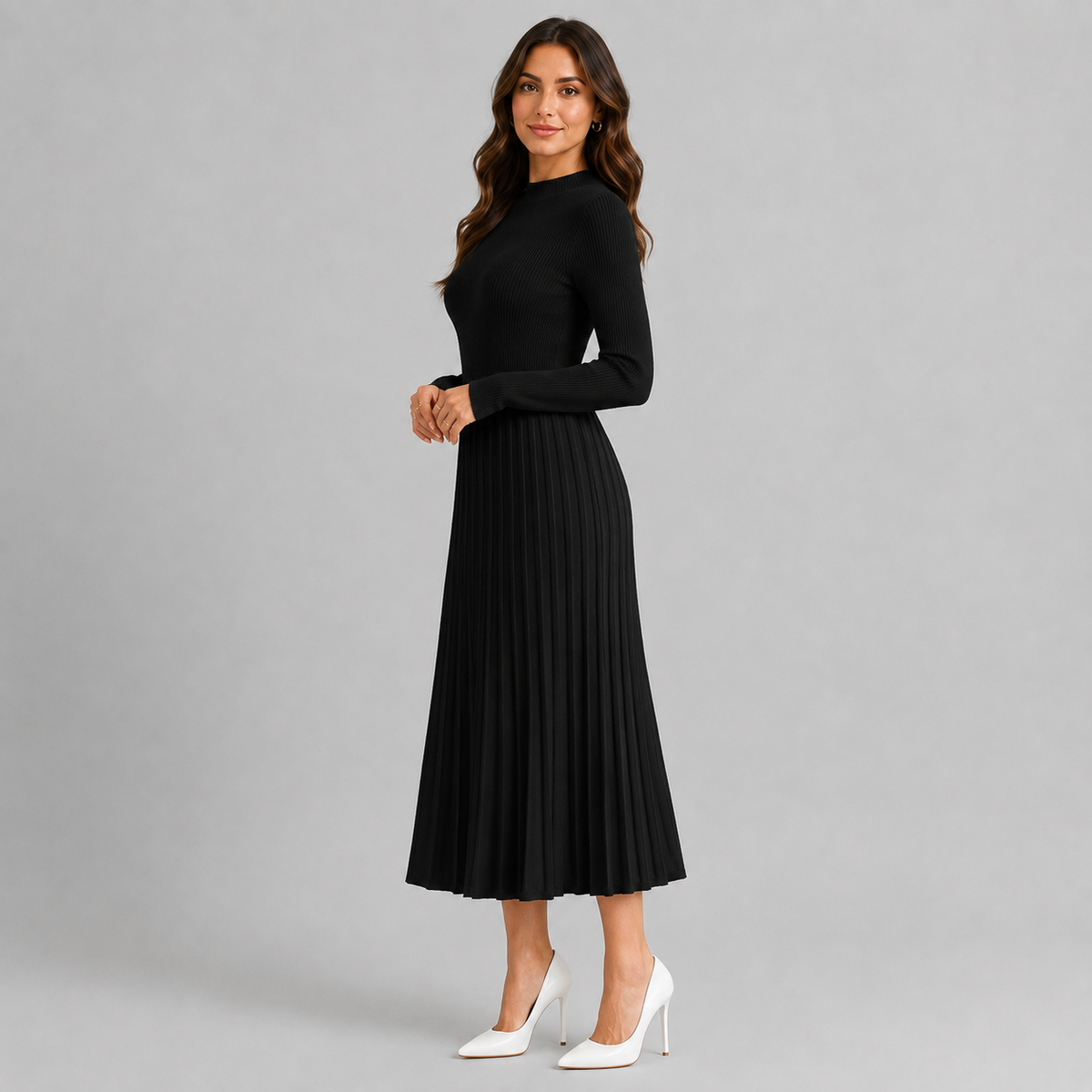 High Neck Pleated Midi Sweater Dress — source view 3