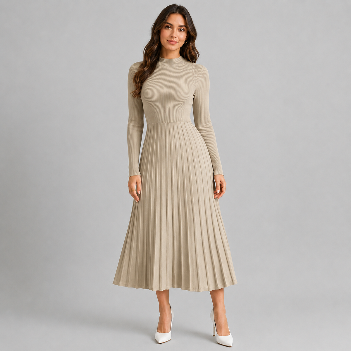 High Neck Pleated Midi Sweater Dress — source view 7