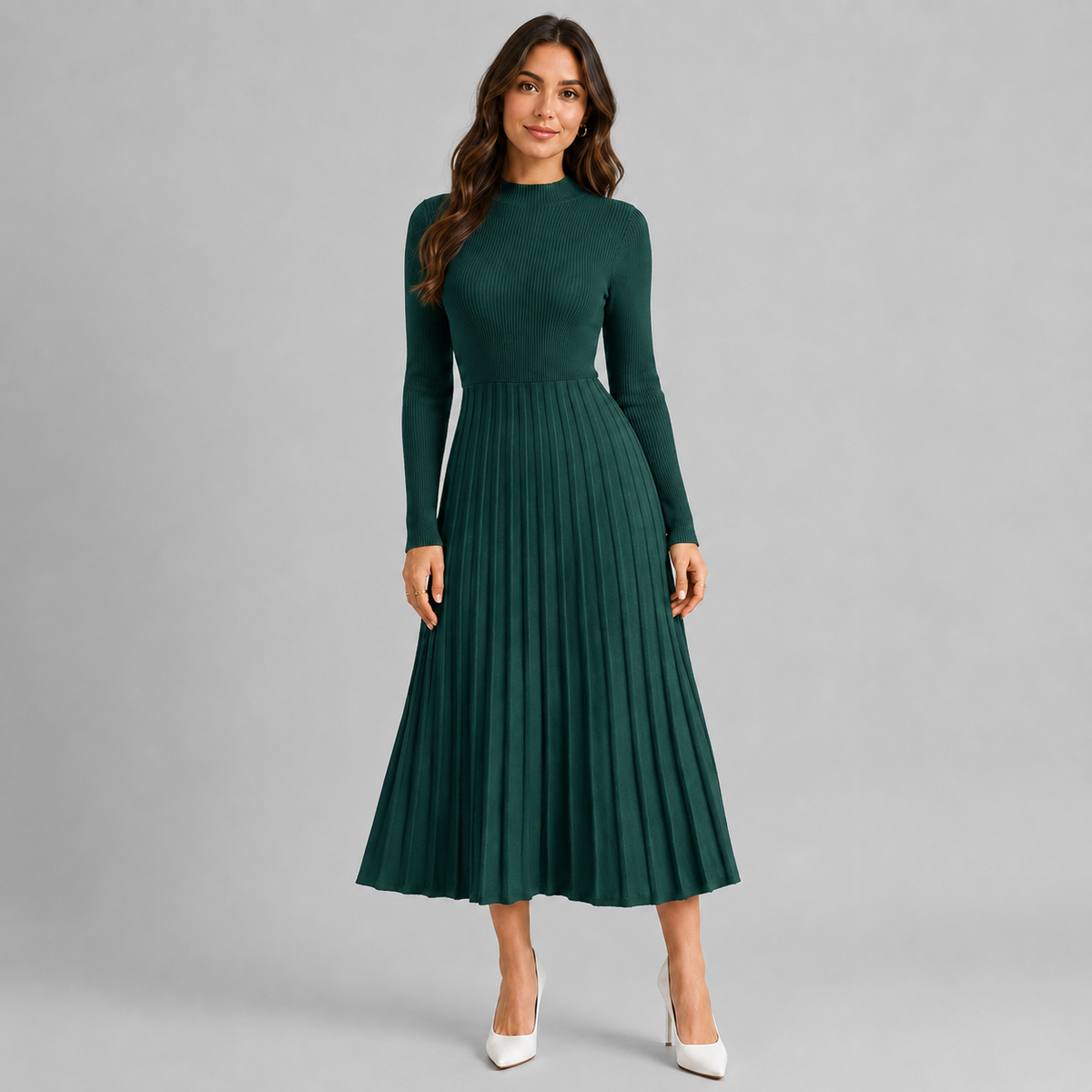 High Neck Pleated Midi Sweater Dress — source view 4