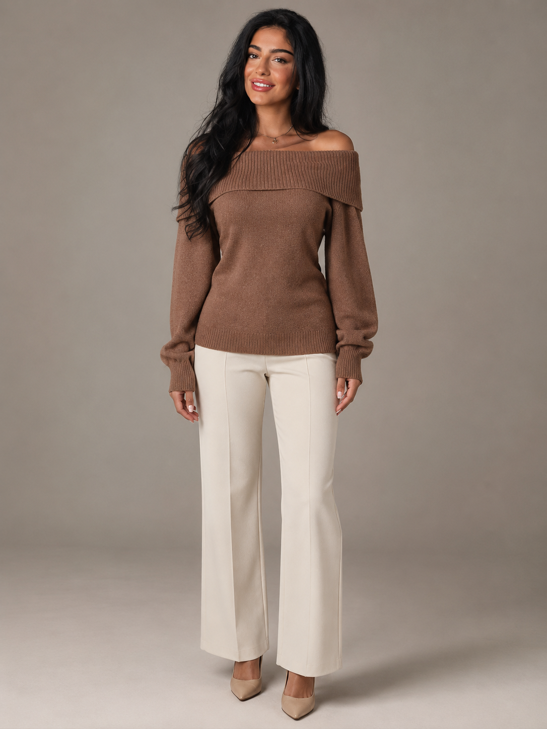 Off Shoulder Fold Over Knit Sweater — source view 1