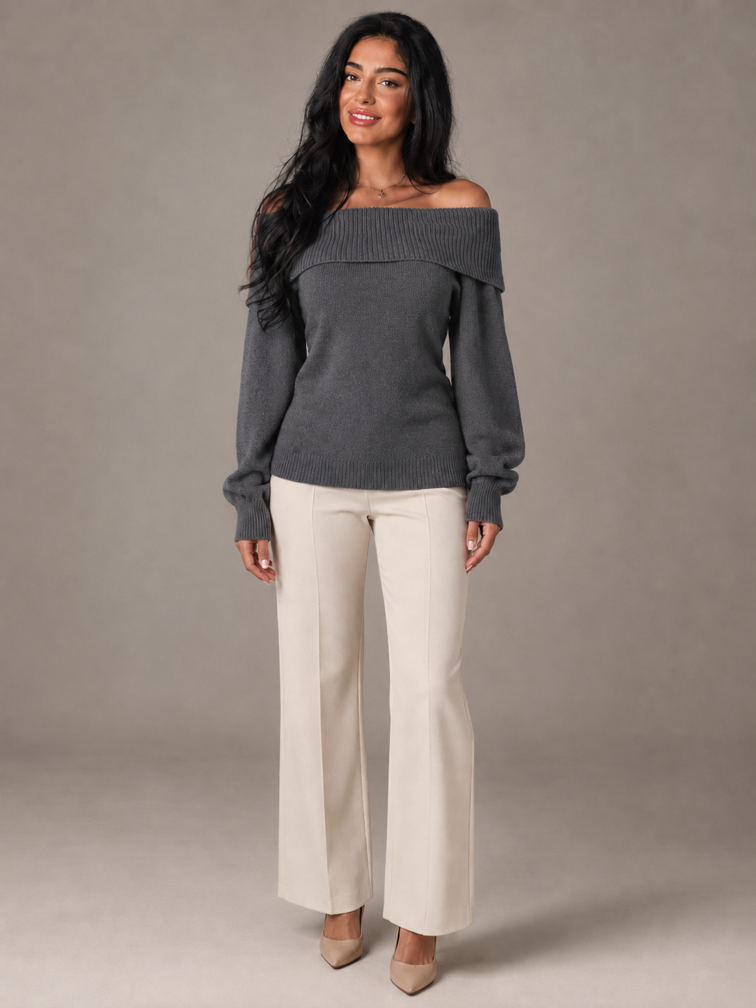 Off Shoulder Fold Over Knit Sweater — source view 3