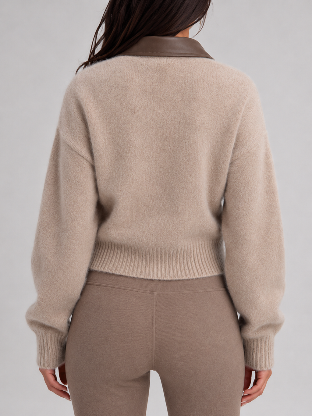 Fuzzy Knit Contrast Collar Zip Cardigan — source view 2