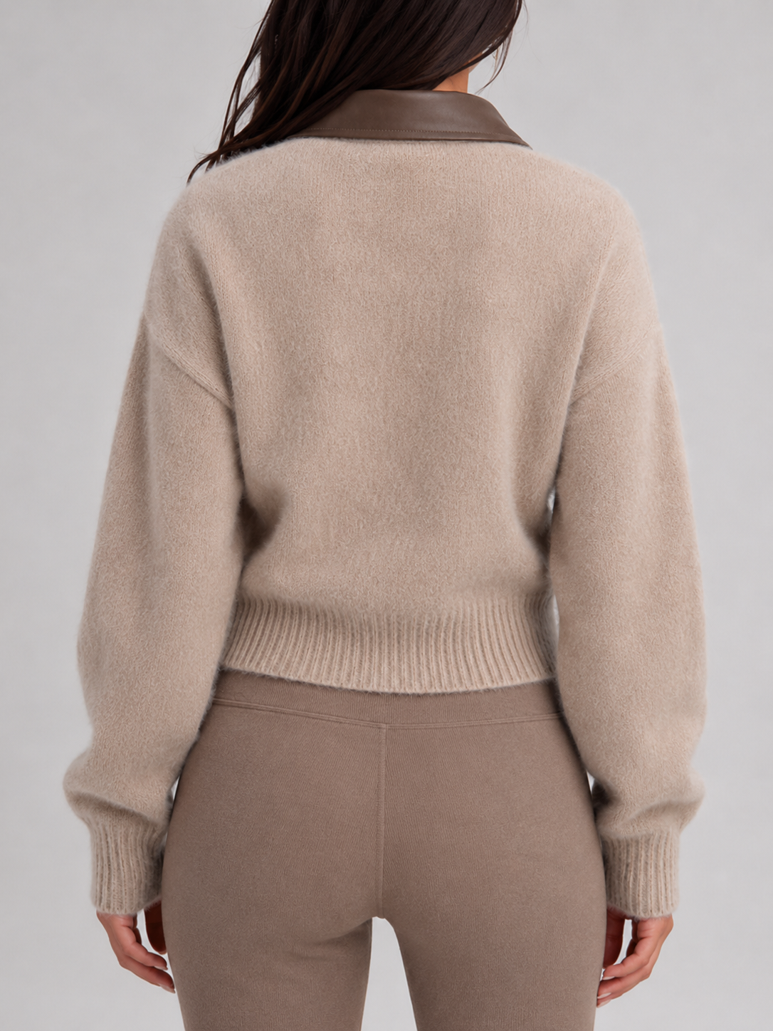 Fuzzy Knit Contrast Collar Zip Cardigan — source view 2