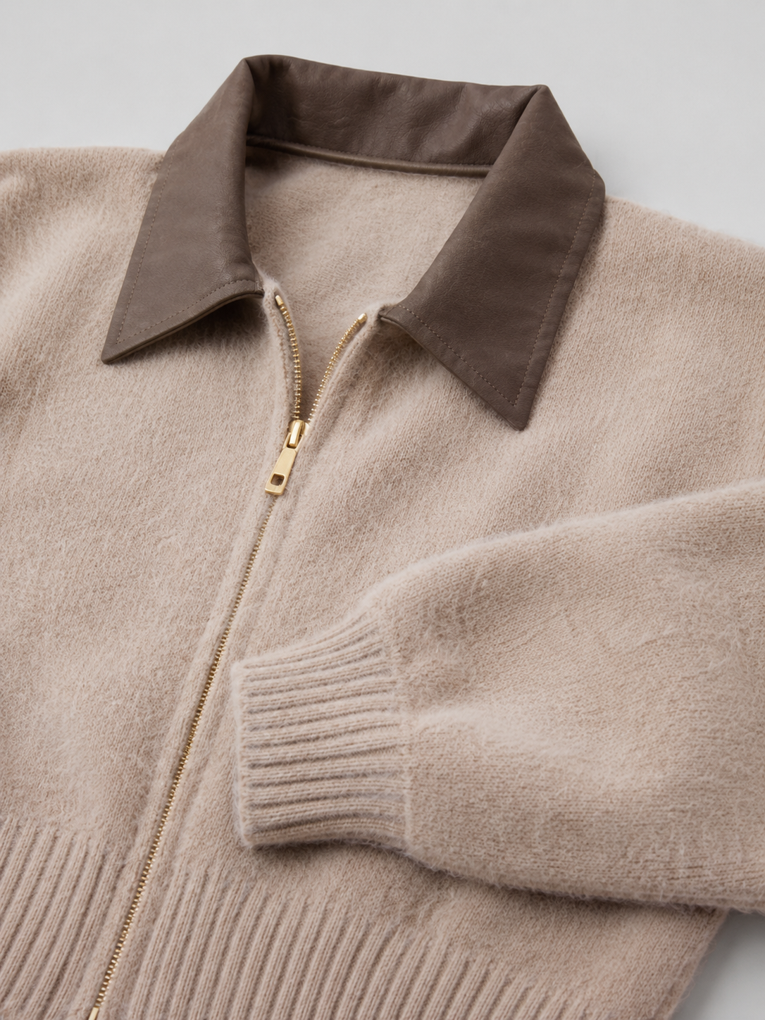 Fuzzy Knit Contrast Collar Zip Cardigan — source view 4