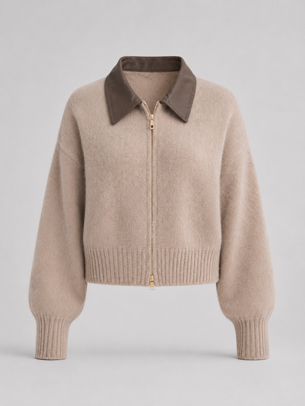 Fuzzy Knit Contrast Collar Zip Cardigan — source view 5
