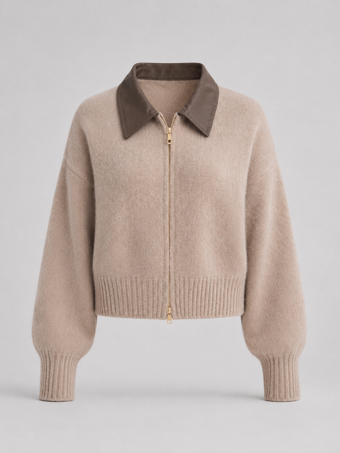 Fuzzy Knit Contrast Collar Zip Cardigan — source view 5
