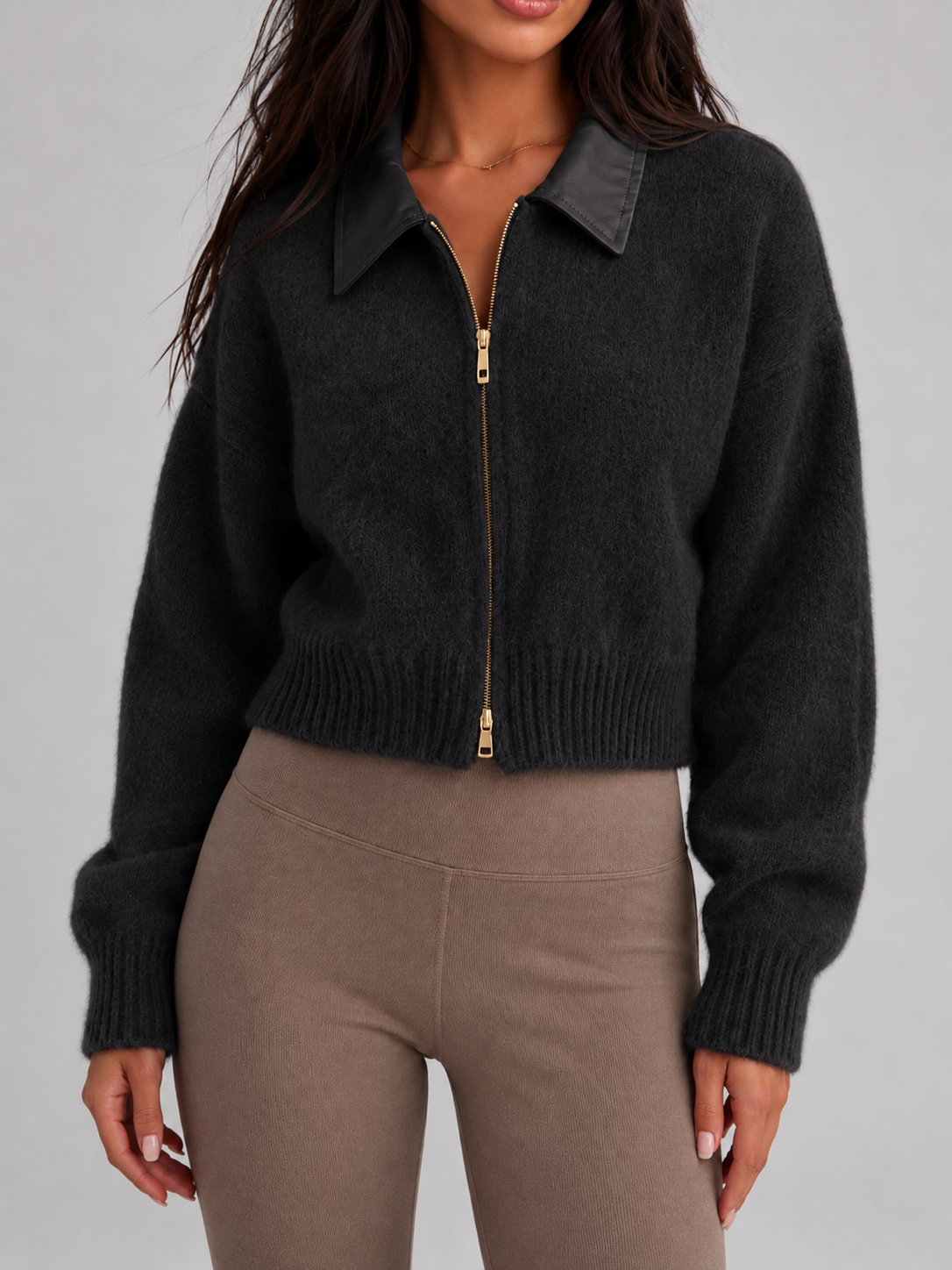 Fuzzy Knit Contrast Collar Zip Cardigan — source view 8