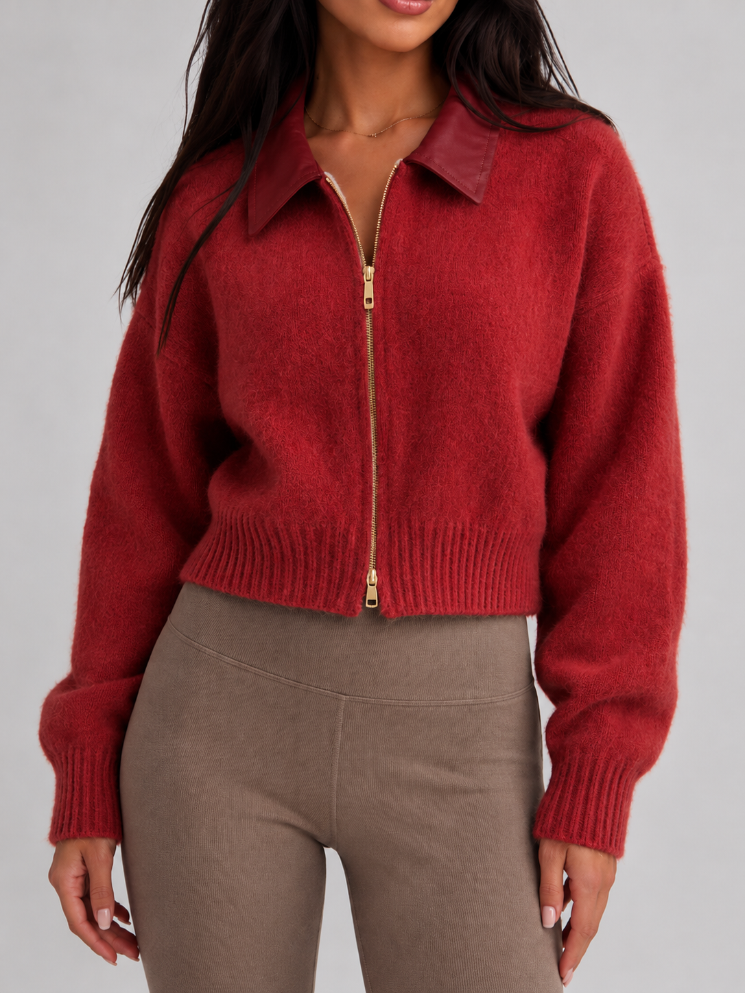 Fuzzy Knit Contrast Collar Zip Cardigan — source view 6