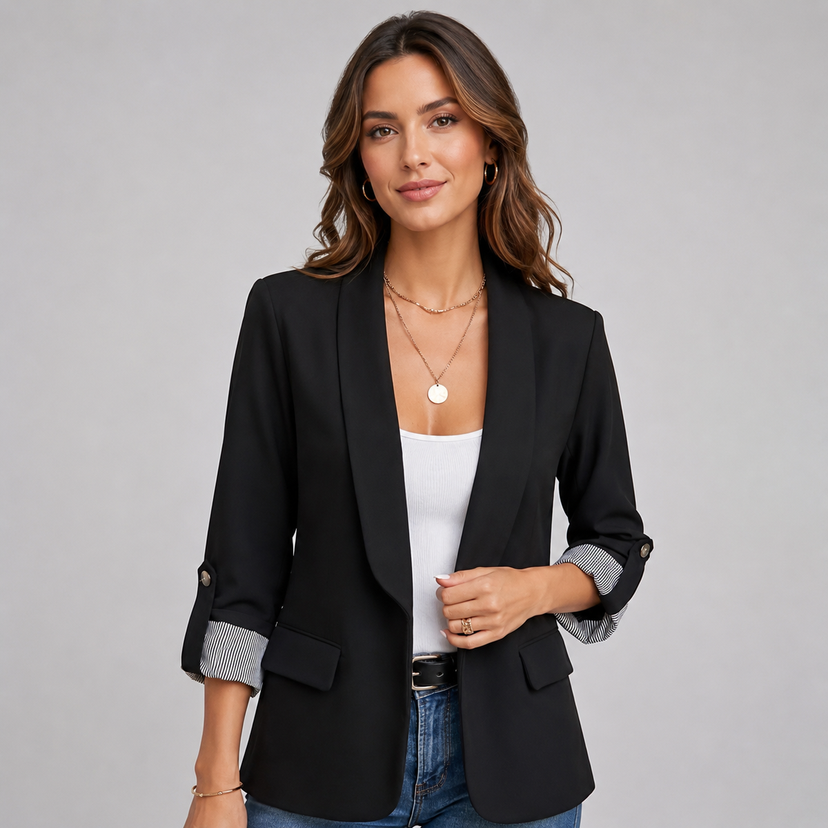 Open Front Blazer with Contrast Rolled Sleeves — source view 2