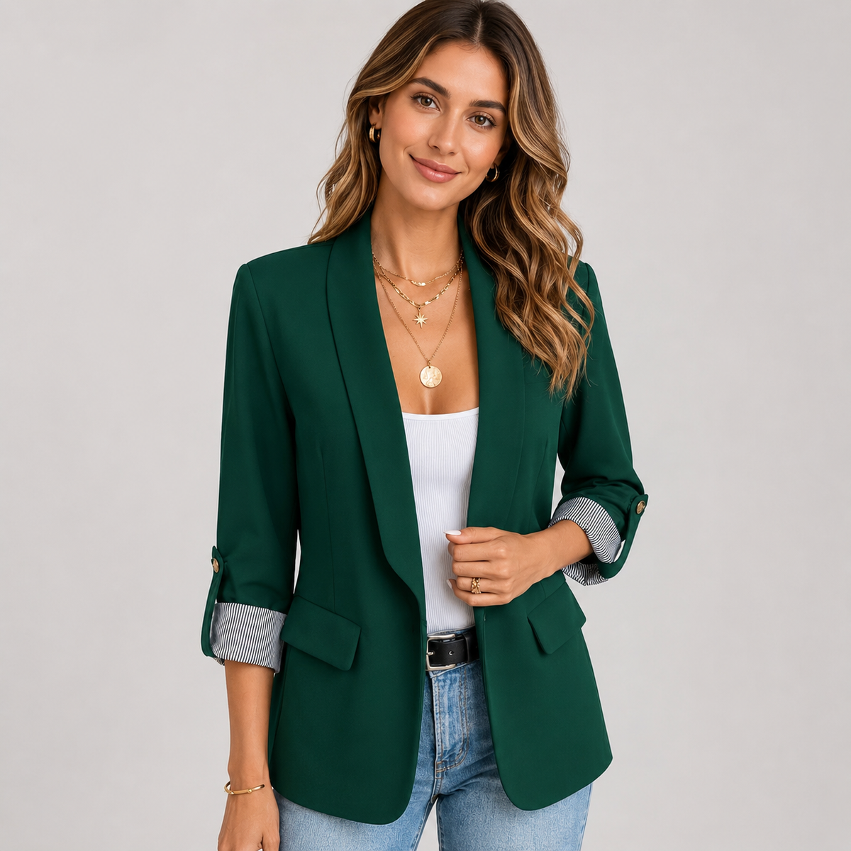 Open Front Blazer with Contrast Rolled Sleeves — source view 4