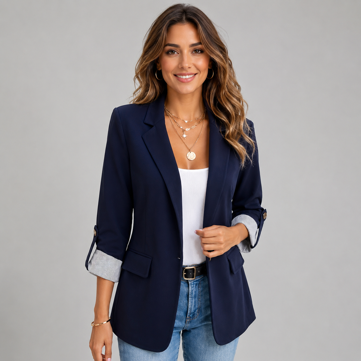 Open Front Blazer with Contrast Rolled Sleeves — source view 1