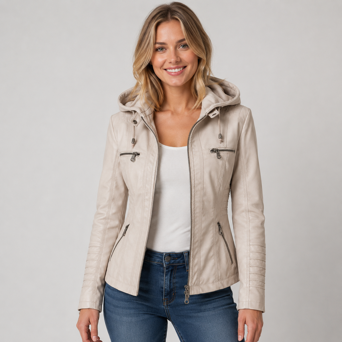 Hooded Faux Leather Zip Jacket — source view 1