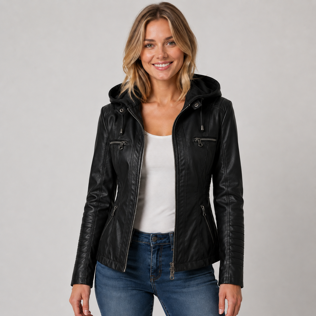 Hooded Faux Leather Zip Jacket — source view 8