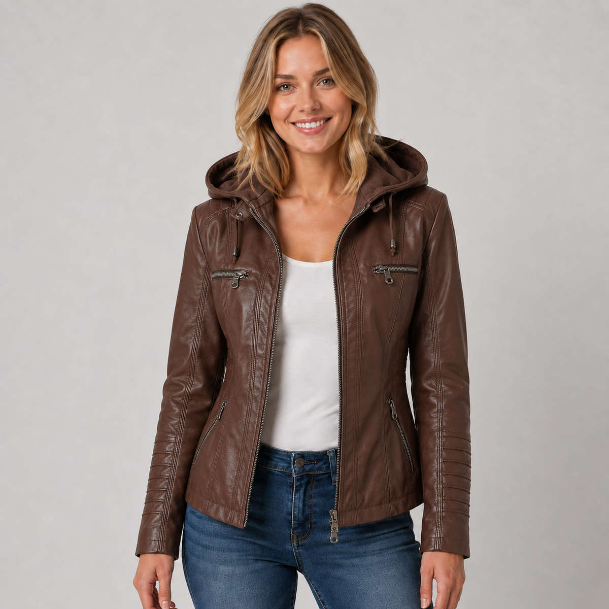 Hooded Faux Leather Zip Jacket — source view 5