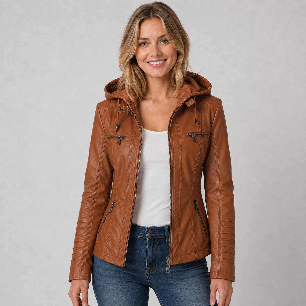 Hooded Faux Leather Zip Jacket — source view 7