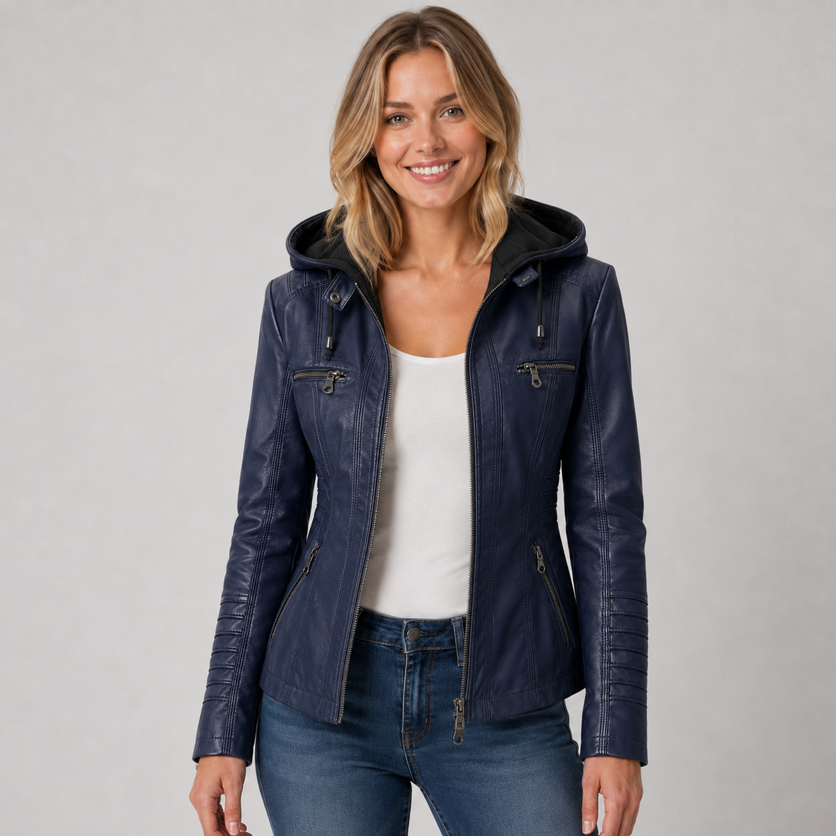 Hooded Faux Leather Zip Jacket — source view 4