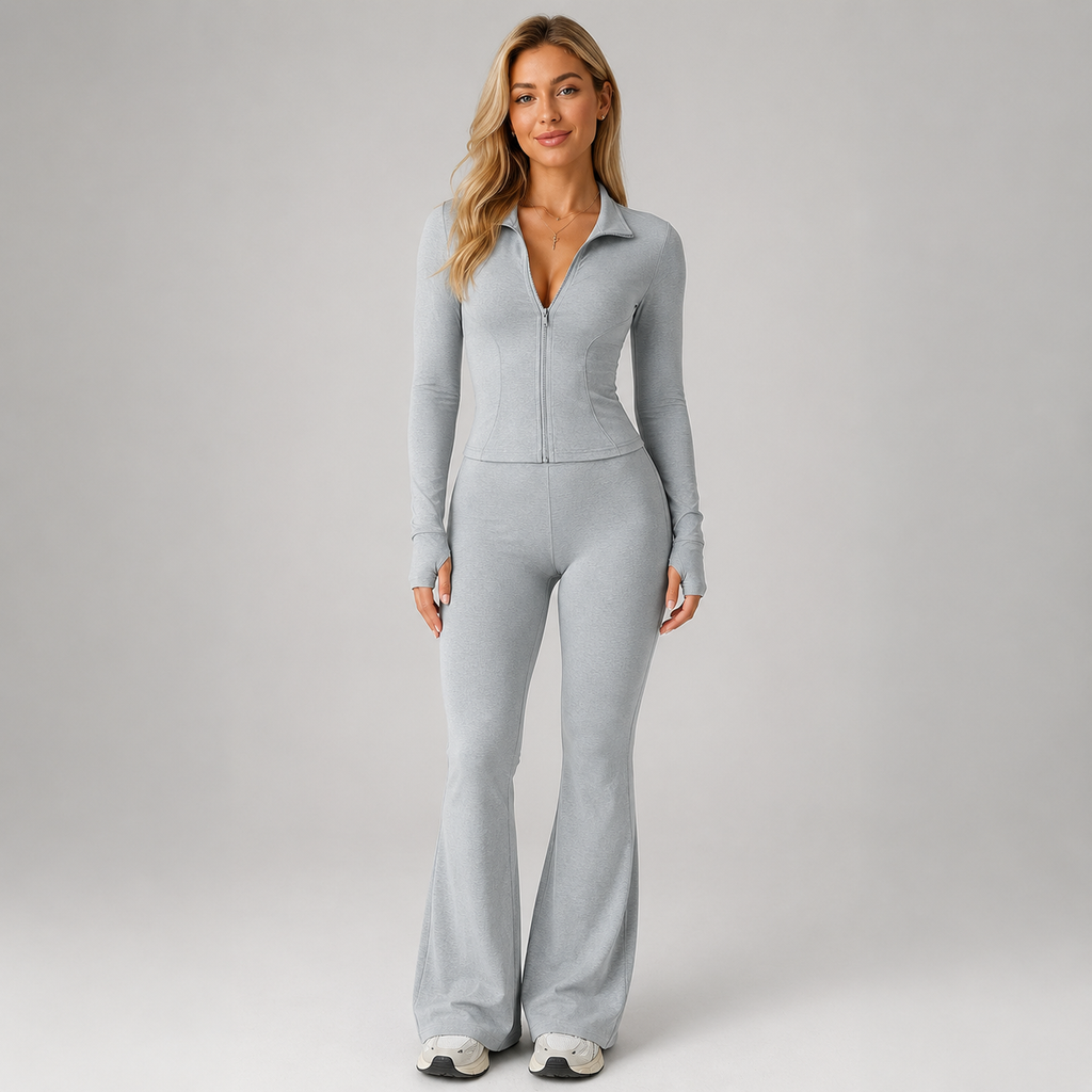 Ribbed Zip Top and Flared Pants Set — source view 1