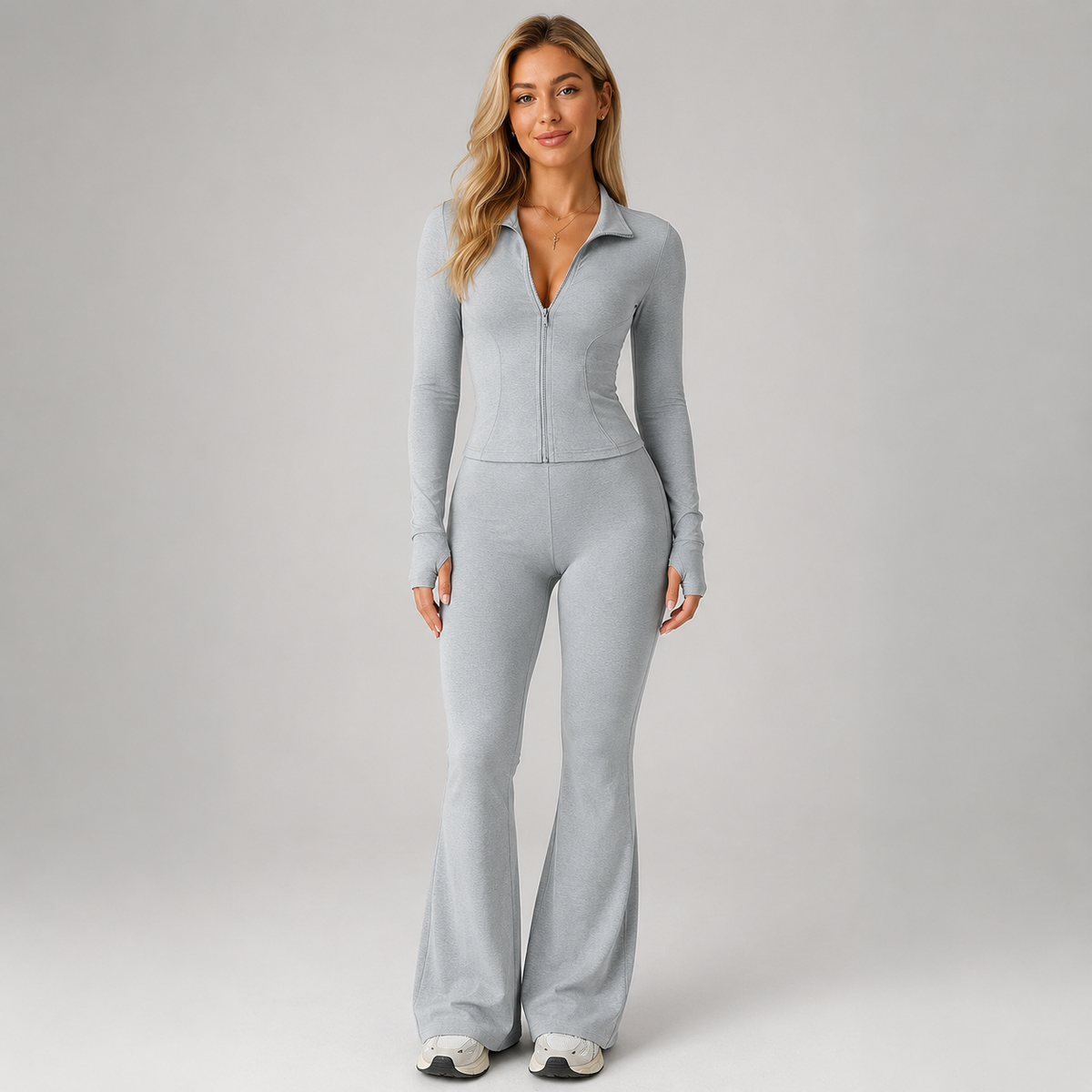 Ribbed Zip Top and Flared Pants Set — source view 1
