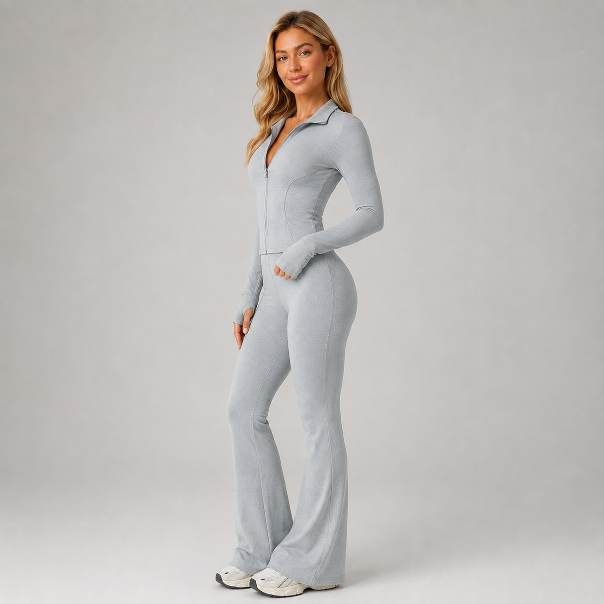 Ribbed Zip Top and Flared Pants Set — source view 3
