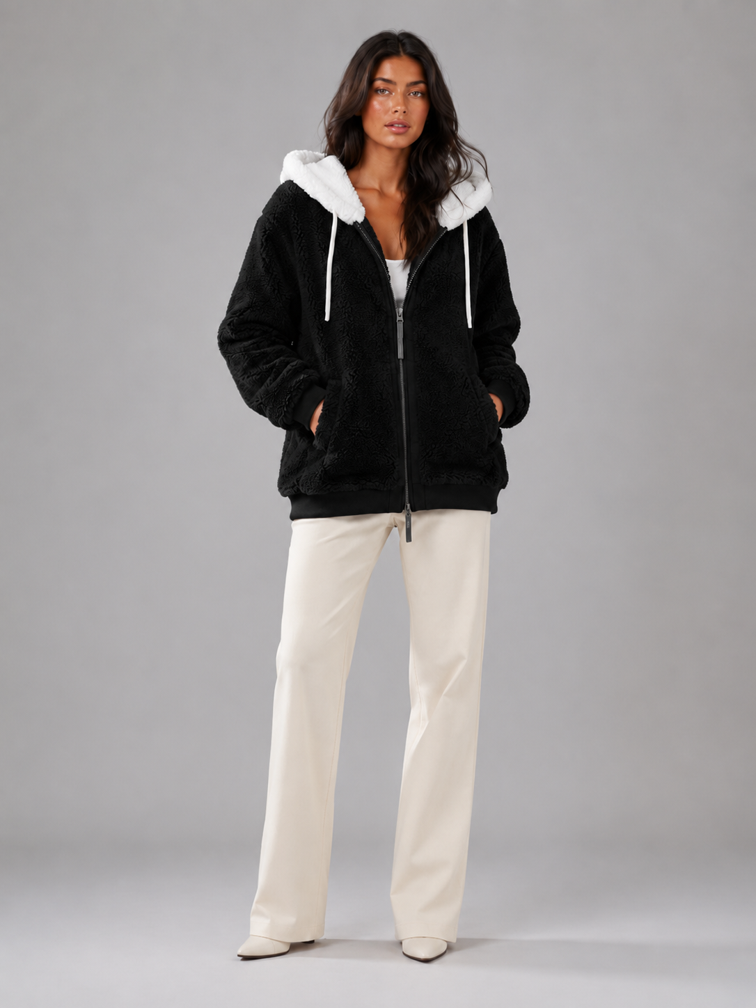 Sherpa Fleece Zip Hoodie with Contrast Lining — source view 5