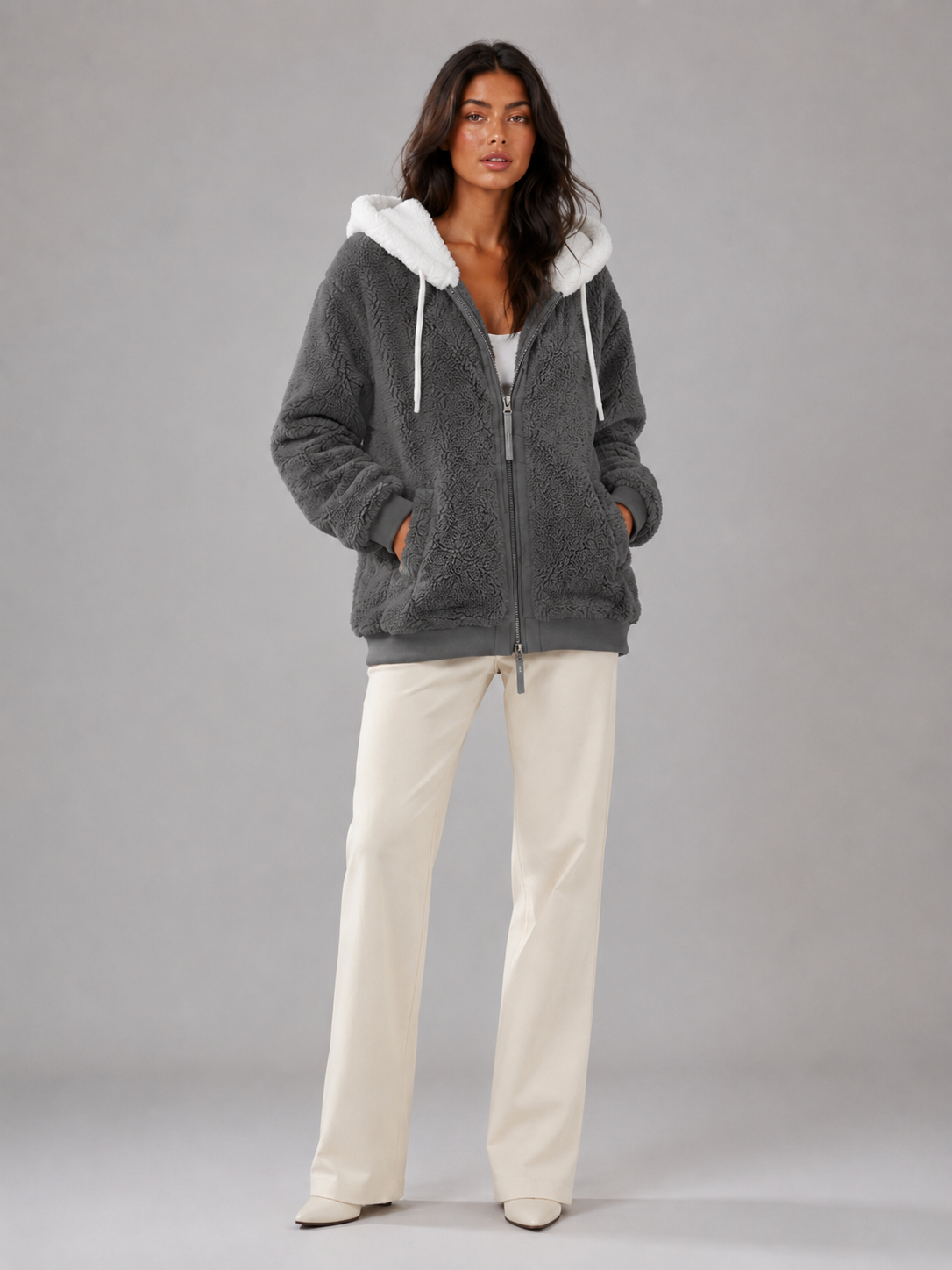 Sherpa Fleece Zip Hoodie with Contrast Lining — source view 3