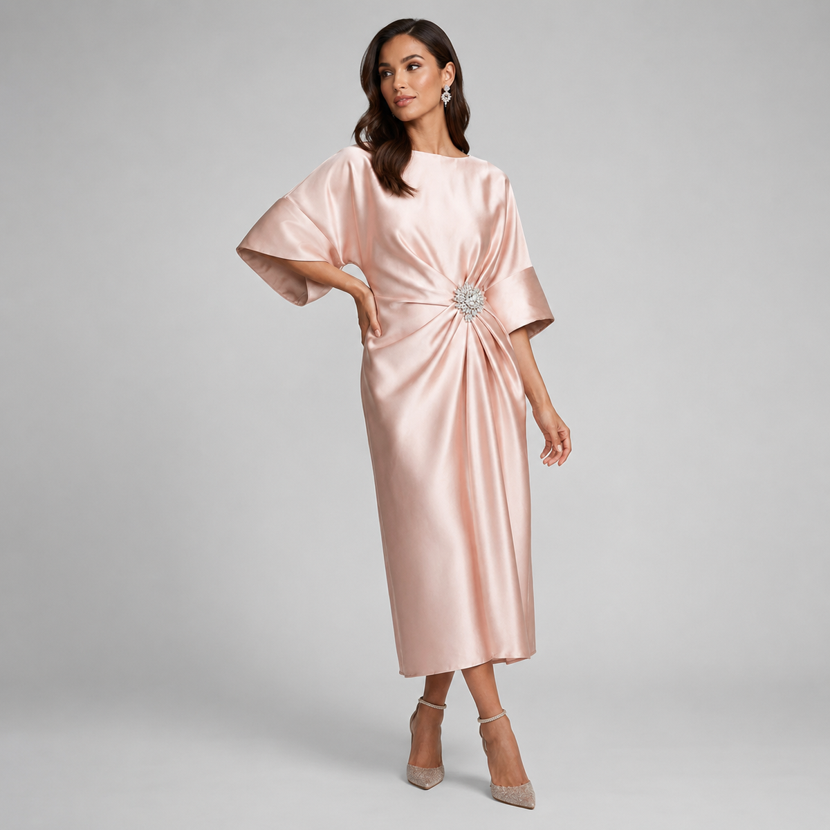 Satin Batwing Sleeve Draped Midi Dress — source view 10