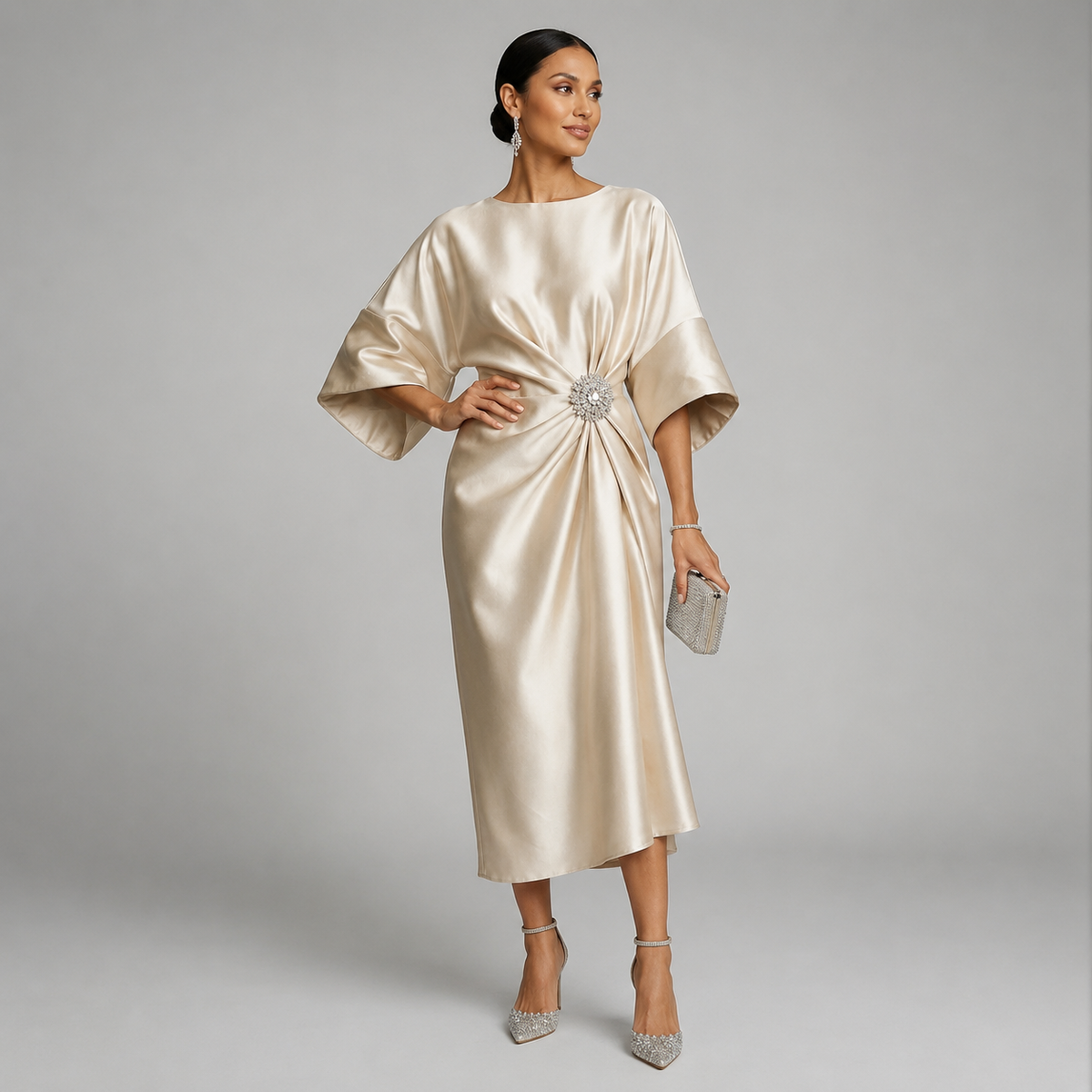 Satin Batwing Sleeve Draped Midi Dress — source view 9