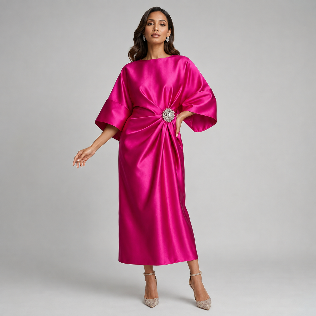 Satin Batwing Sleeve Draped Midi Dress — source view 8