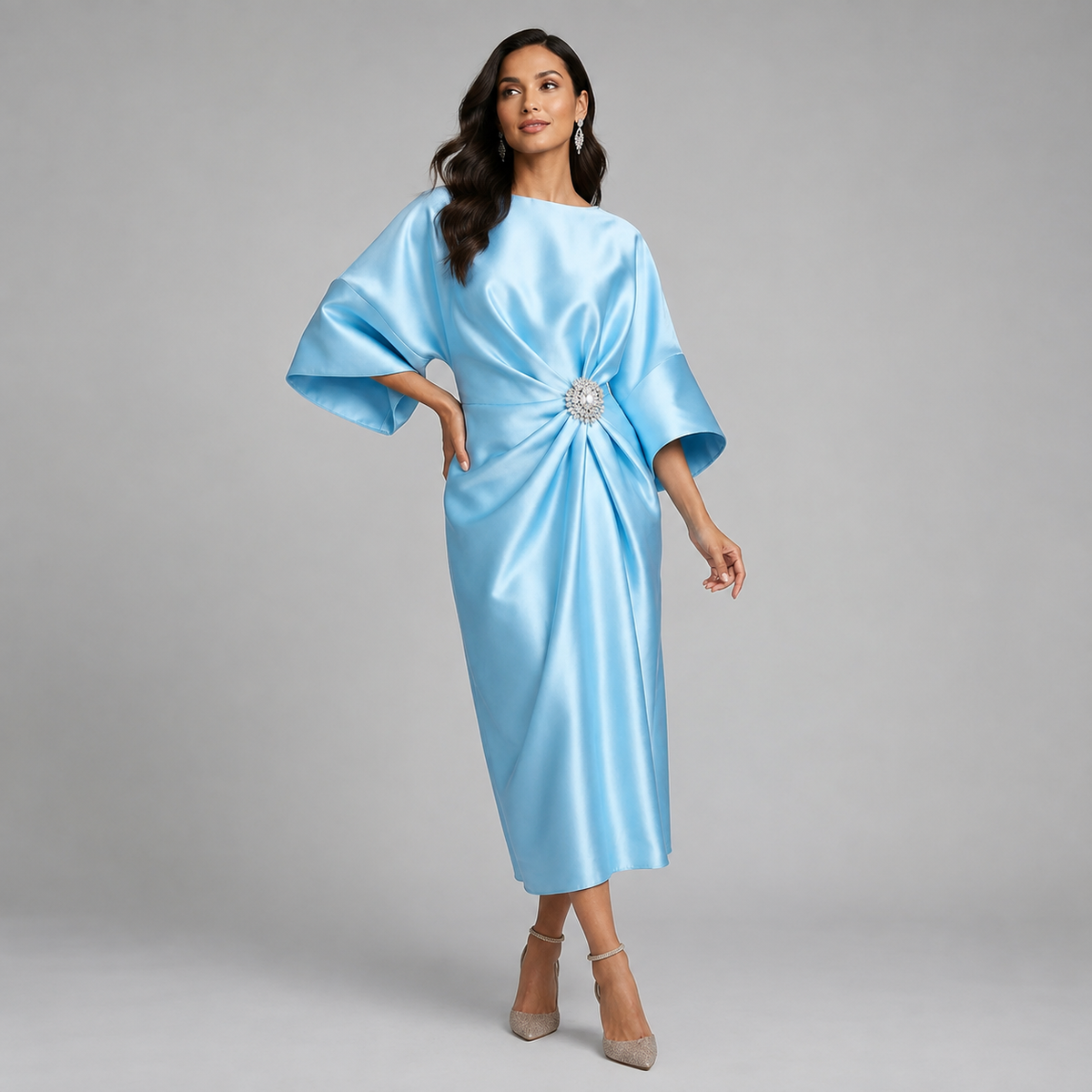 Satin Batwing Sleeve Draped Midi Dress — source view 7