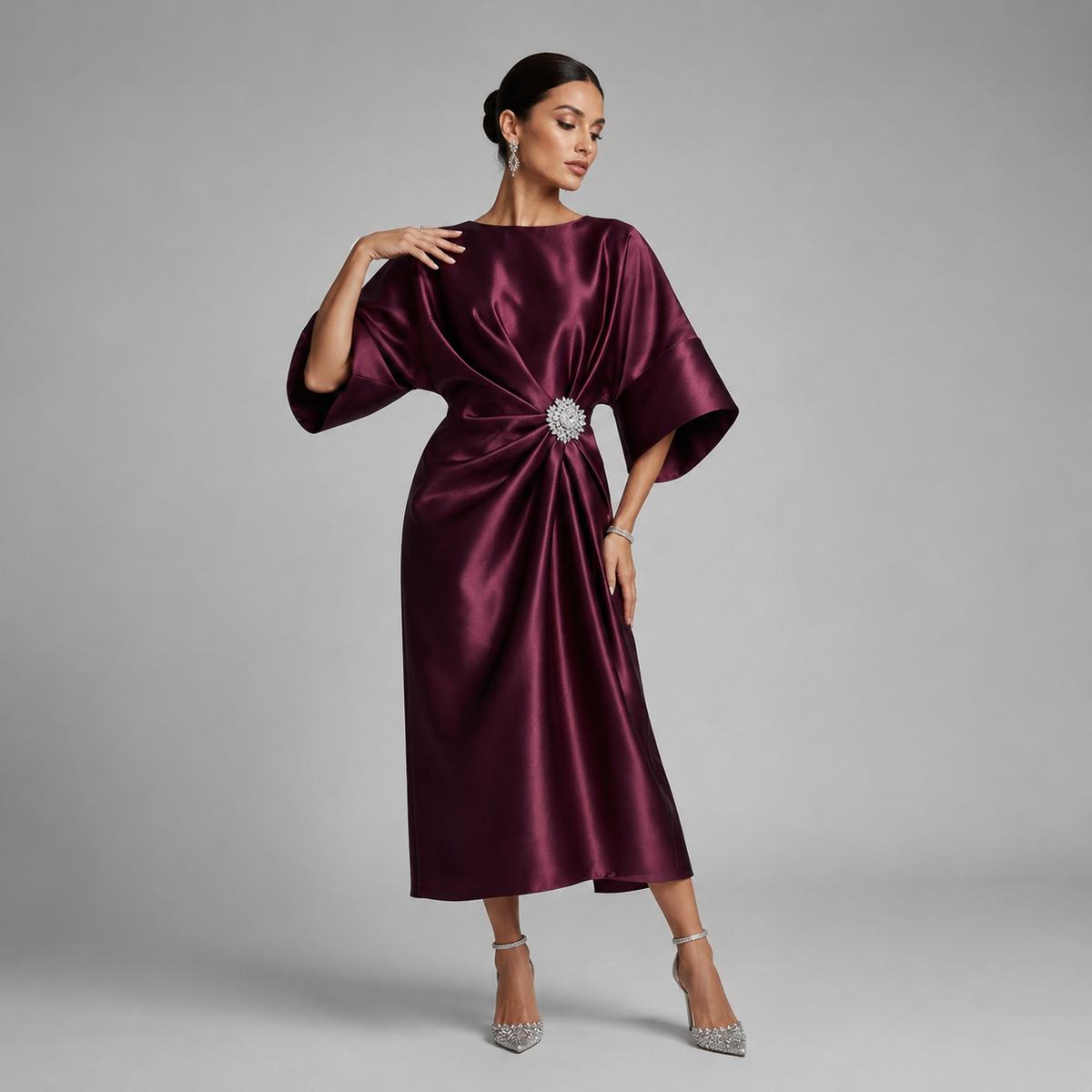 Satin Batwing Sleeve Draped Midi Dress — source view 6
