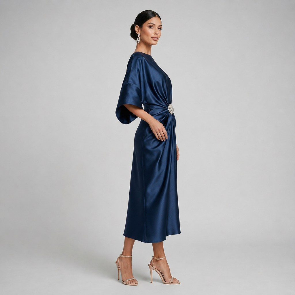 Satin Batwing Sleeve Draped Midi Dress — source view 2