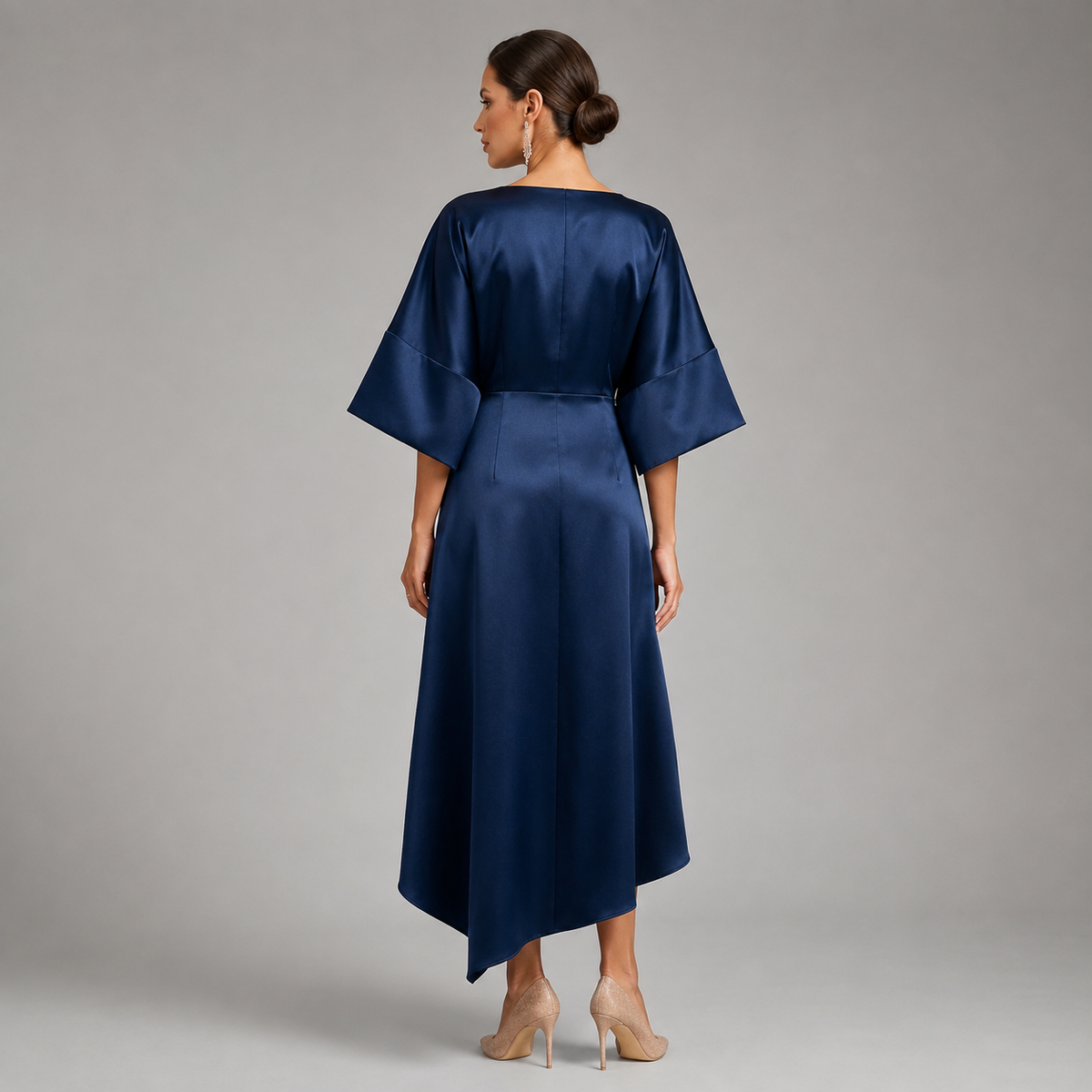 Satin Batwing Sleeve Draped Midi Dress — source view 3