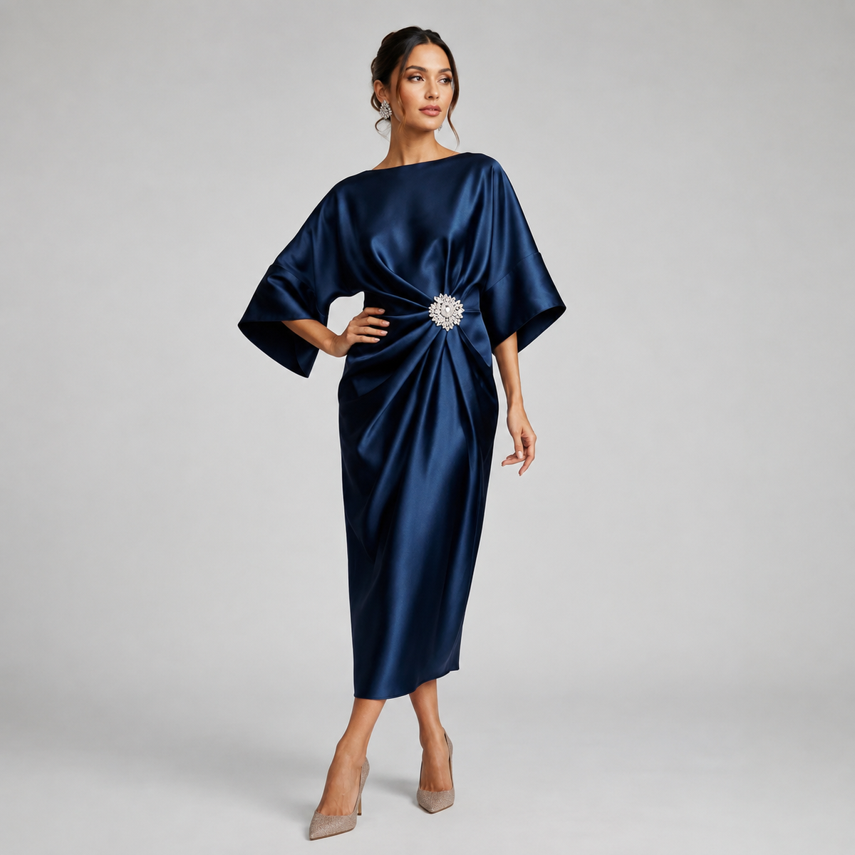 Satin Batwing Sleeve Draped Midi Dress — source view 1