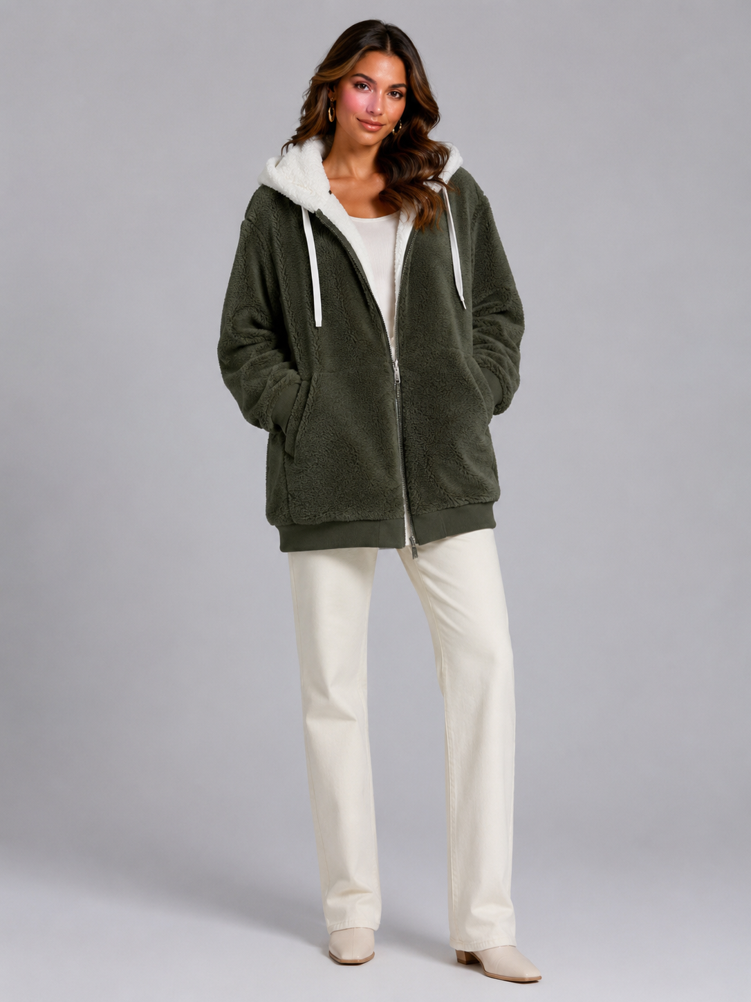 Sherpa Fleece Zip Hoodie with Contrast Lining — source view 11