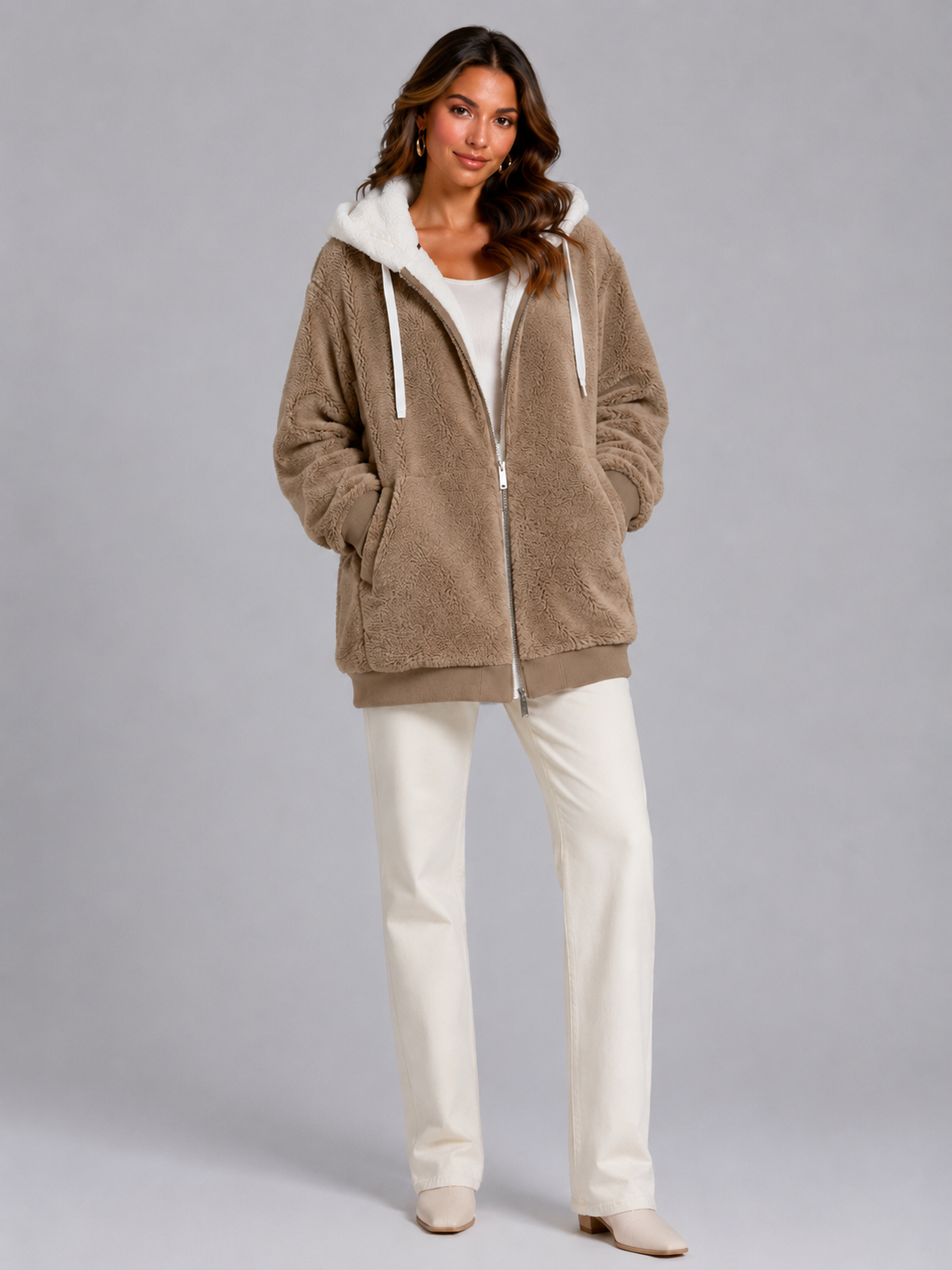 Sherpa Fleece Zip Hoodie with Contrast Lining — source view 16