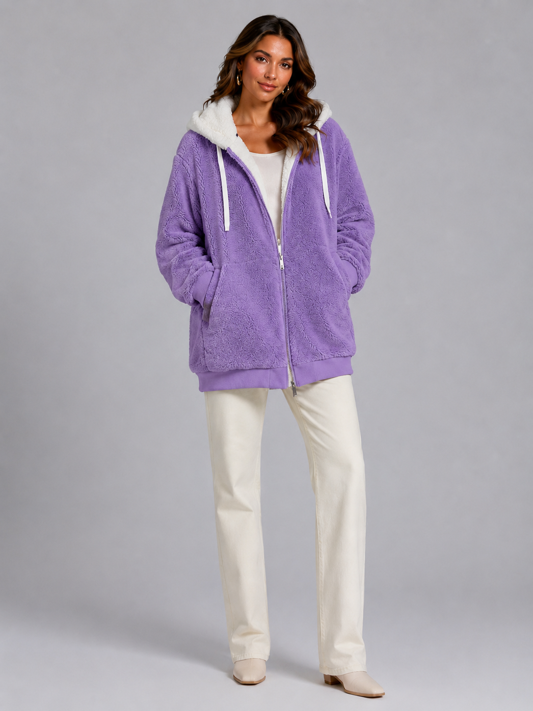 Sherpa Fleece Zip Hoodie with Contrast Lining — source view 17