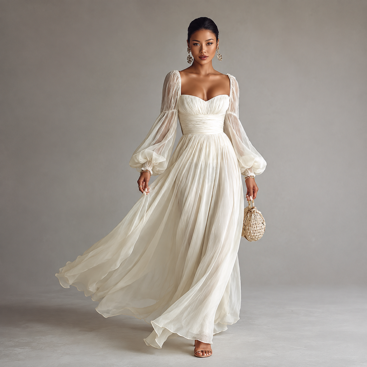 Square Neck Long Sleeve Chiffon Maxi Dress — source view 1